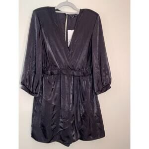 Zara NWT Black Satin Long Sleeve Romper - Size Large - Wrap Front‎